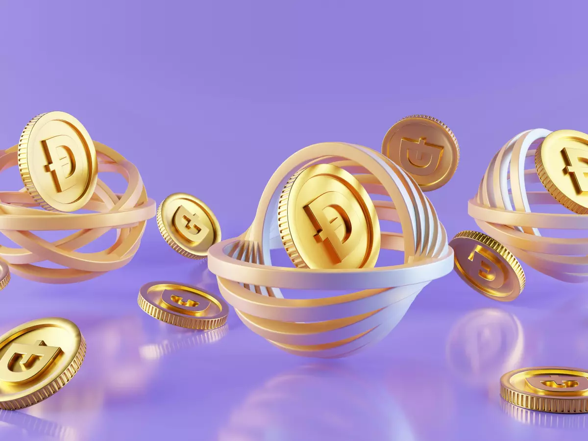 Abstract 3D image of a golden coin with a stylized letter 'F' on it in front of a purple background