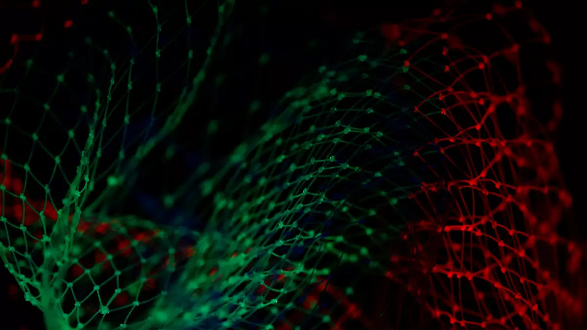 An abstract image of a network with red and green lights, the lines of the network are thin, making the lights appear like stars in the night sky