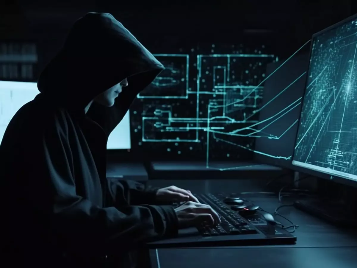 A hooded figure sits at a computer, typing on the keyboard. The monitor displays complex digital patterns and code, hinting at hacking or cyber activity. The background is a dark and tech-filled room.