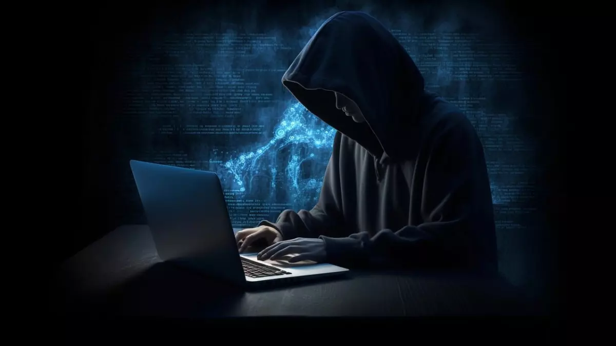 A person, wearing a black hoodie and hiding their face, is shown working on a laptop in front of a dark background with abstract glowing code.