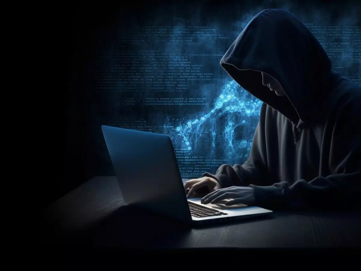 A person, wearing a black hoodie and hiding their face, is shown working on a laptop in front of a dark background with abstract glowing code.