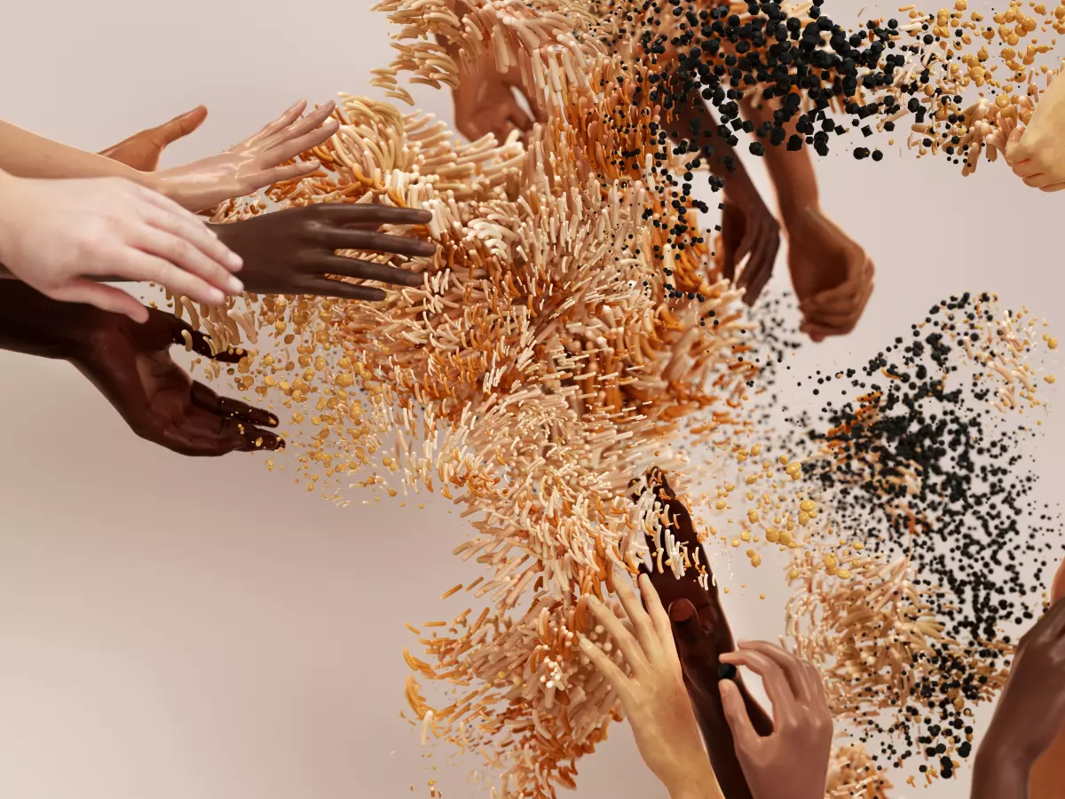 An abstract depiction of diverse hands in a fragmented state, appearing to explode or scatter.