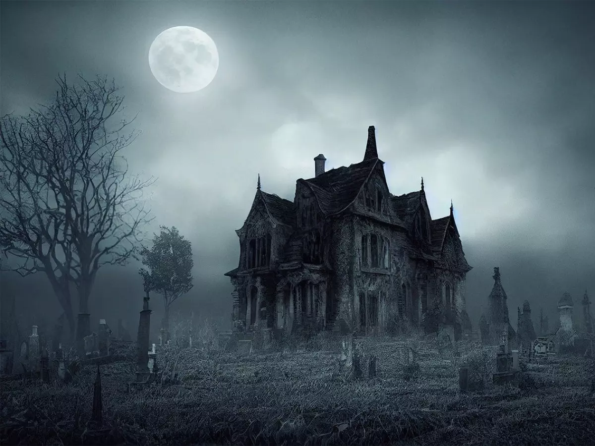 A creepy house with a full moon in the background.