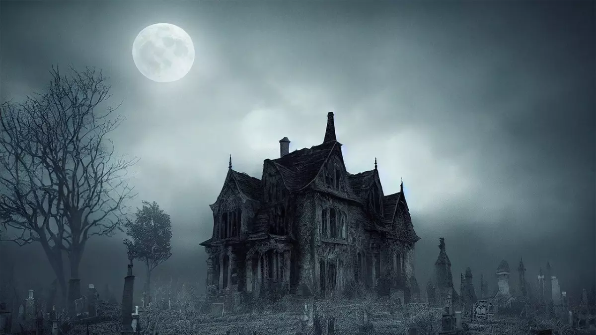 A creepy house with a full moon in the background.