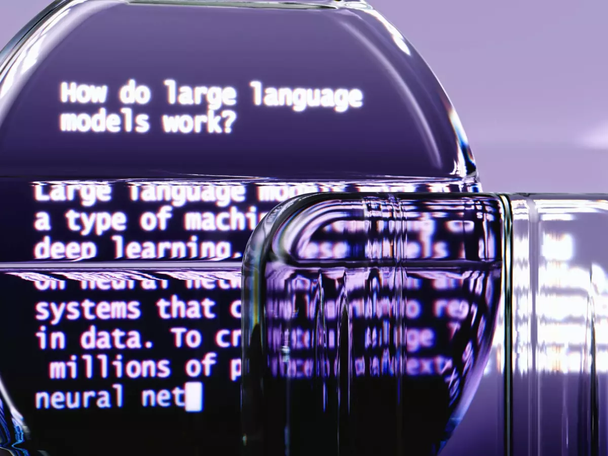 An abstract image of  three digital screens reflecting one another, the one in the front shows the words "How do large language models work?" written on it.