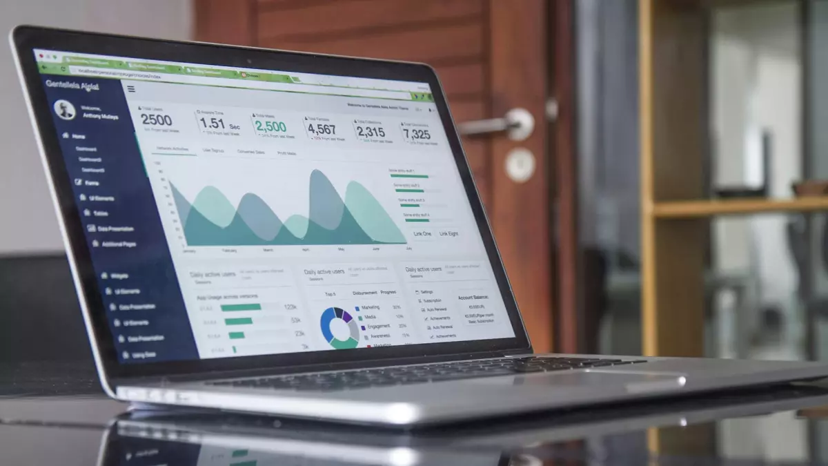 A laptop showing a data analysis dashboard with graphs and charts.