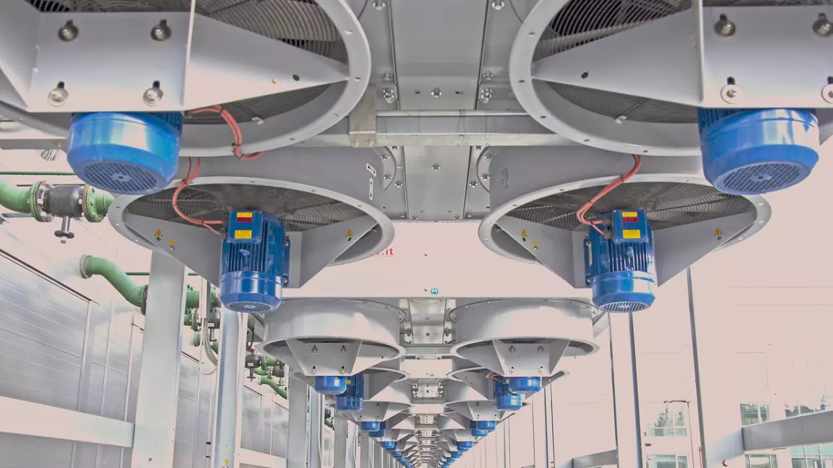 A row of large cooling fans in a data center. 