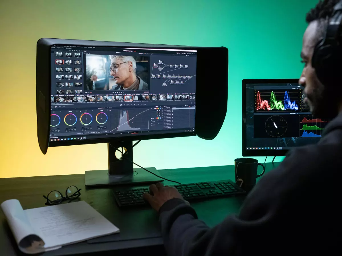 A person is sitting in front of two computer screens with a headset on and is looking at the screen. The image is taken from behind and the person is wearing a black hoodie. The background is a green wall with a yellow light.