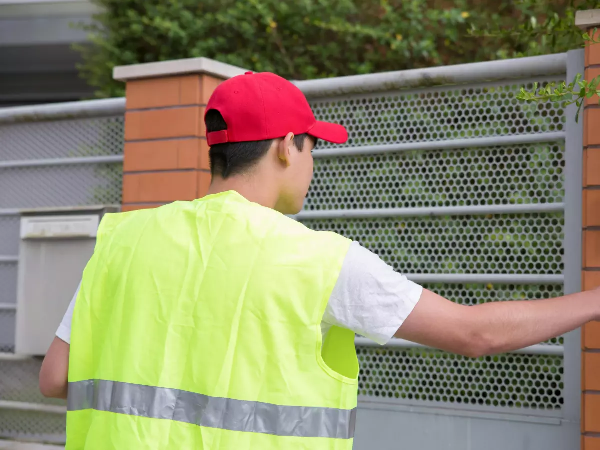 A delivery person standing at a front door with a Ring doorbell, holding a package and looking at the doorbell.