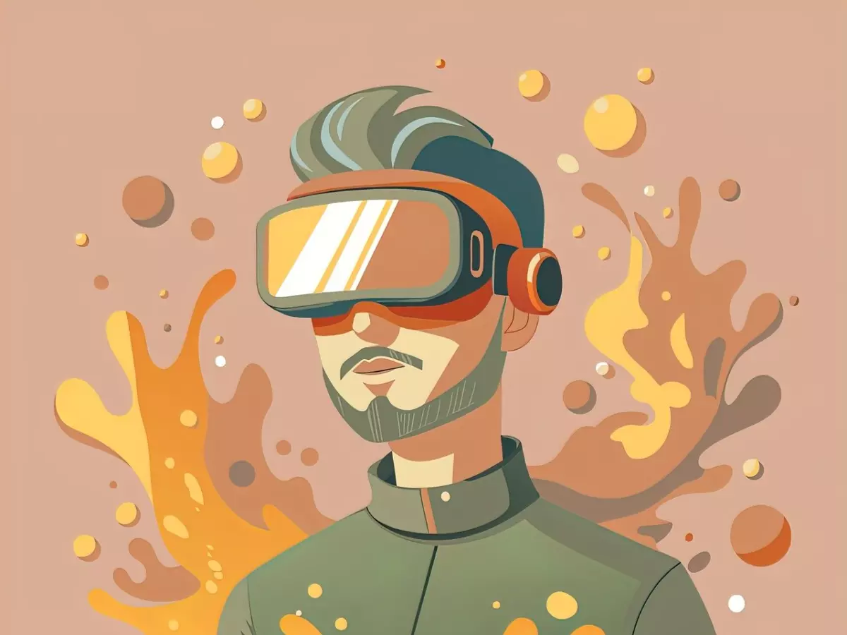 A cartoon man wearing a VR headset is surrounded by splashes of orange and yellow