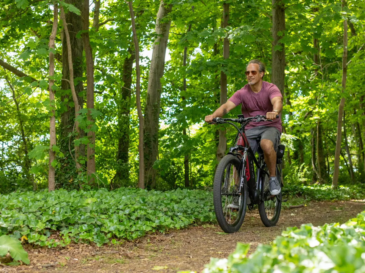 A man riding an electric bike on a dirt path in a forest.