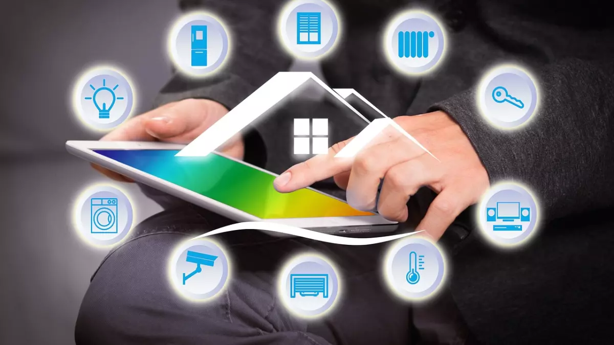 A person using a tablet to control various aspects of their smart home. Icons representing smart home devices surround the tablet, creating a visual representation of connectivity.