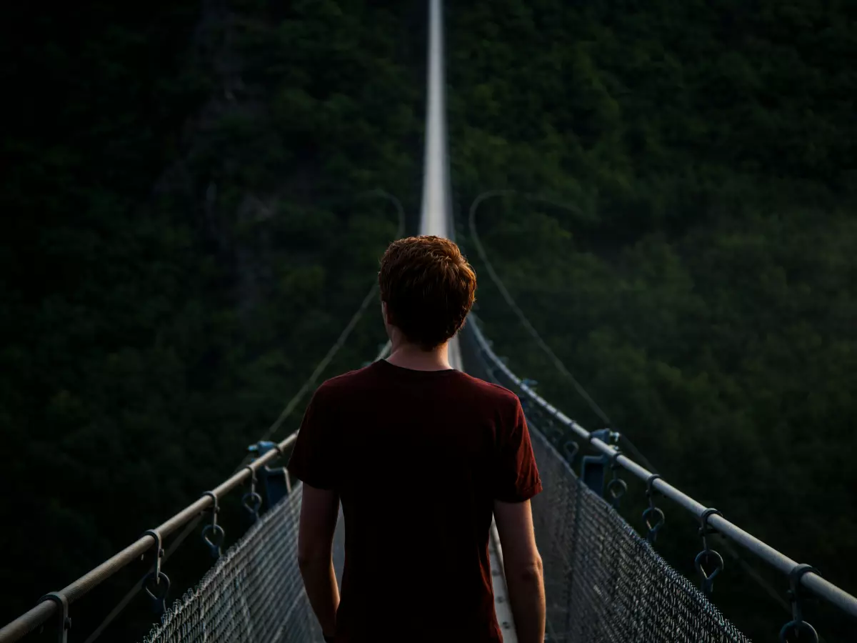 A man walks across a suspension bridge over a lush green valley, with the bridge extending into the distance.