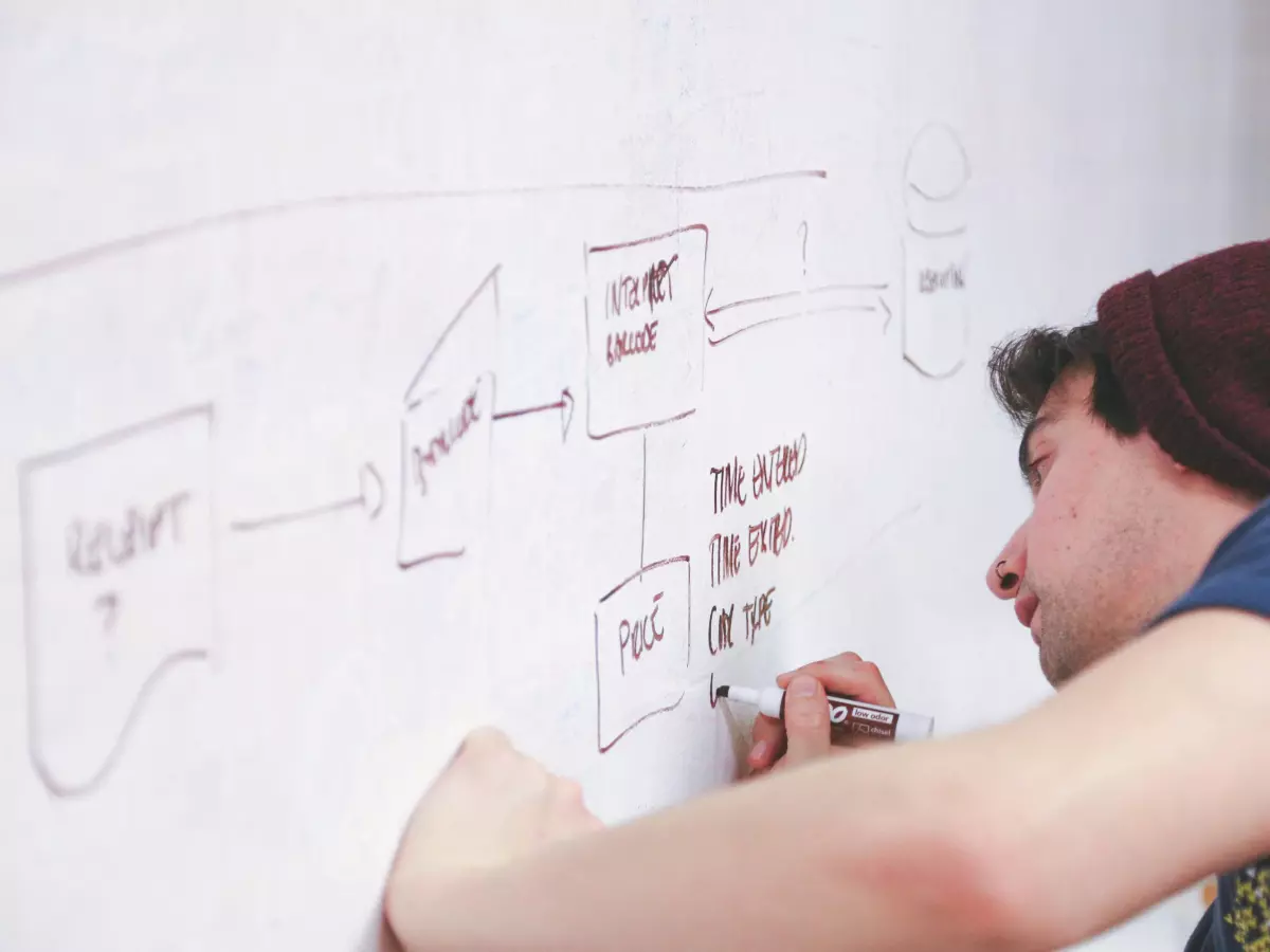 A person in a blue shirt and a red hat is drawing flowcharts and arrows on a whiteboard, looking intently at the diagrams.