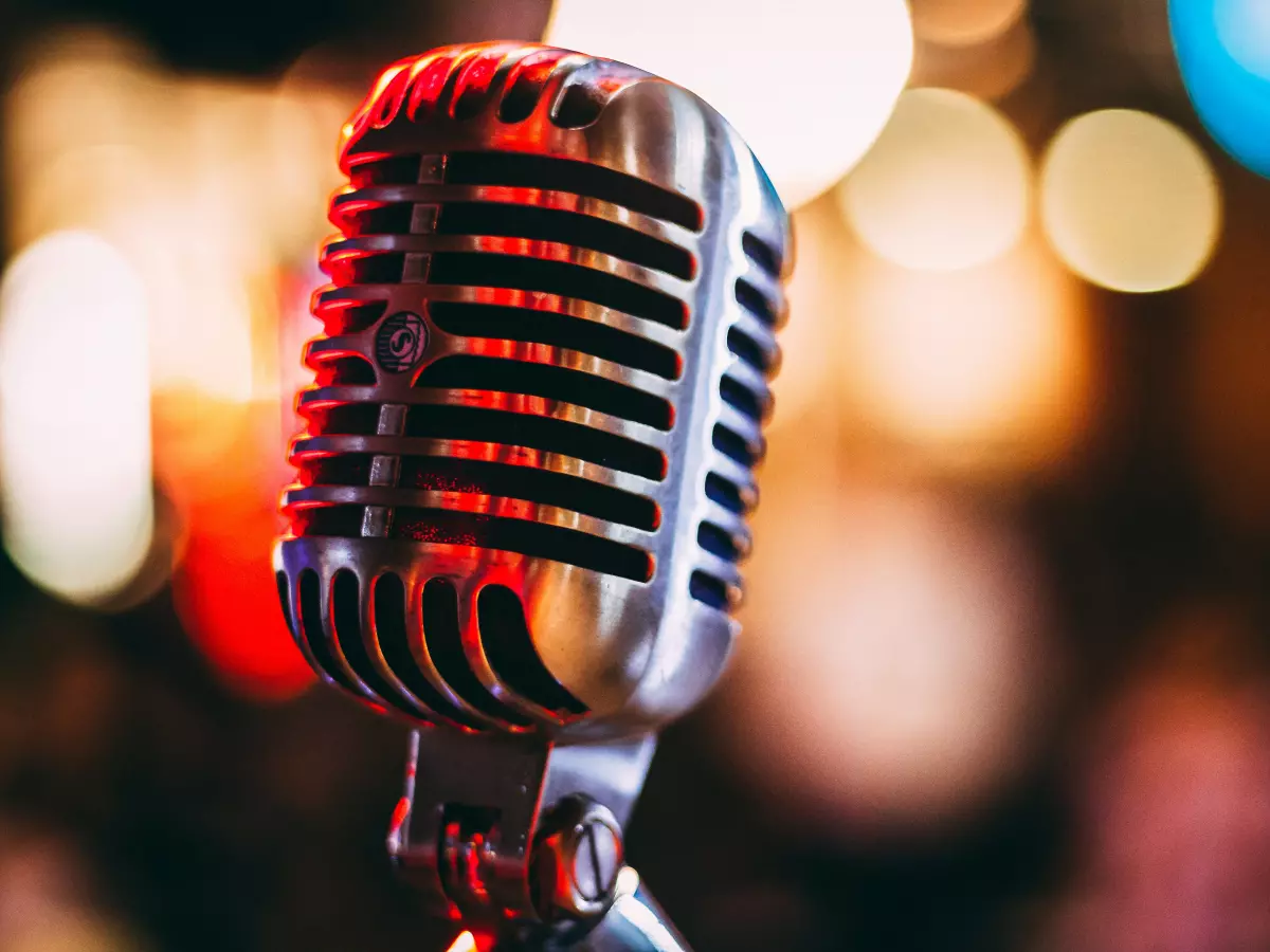 A classic microphone in a recording studio setting.