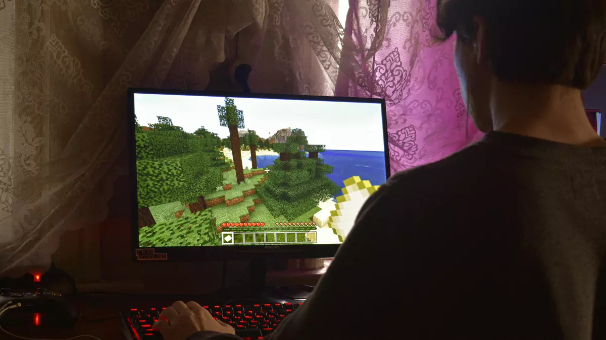 A person playing a video game on a computer, shown from behind, with the game displayed on the monitor.