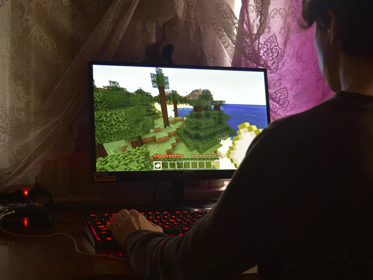 A person playing a video game on a computer, shown from behind, with the game displayed on the monitor.