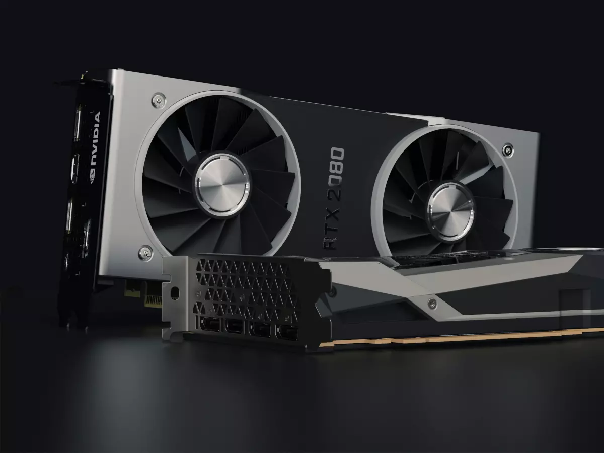 Two Nvidia GeForce RTX 2080 graphics cards, showcasing their powerful design and advanced capabilities. They feature large, silver heatsinks, dual fans, and the signature NVIDIA logo.