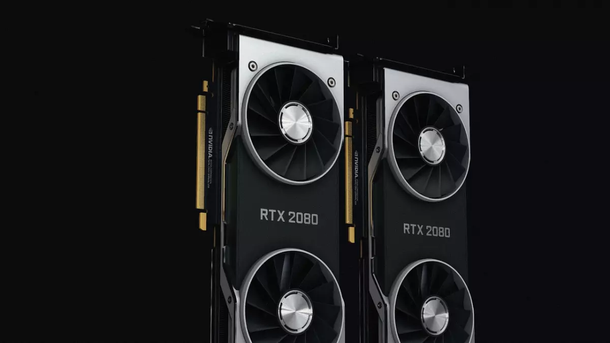 Two Nvidia RTX 2080 graphic cards are placed vertically, side by side, on a black surface.