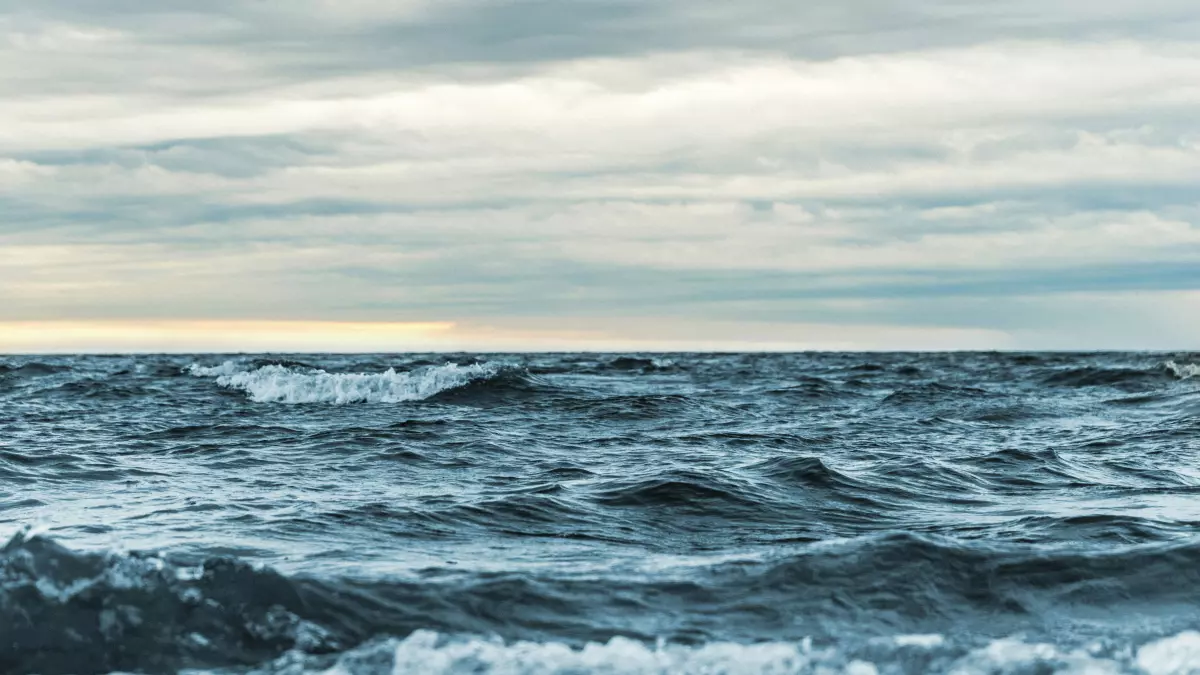 A wide view of the ocean with waves and a cloudy sky.