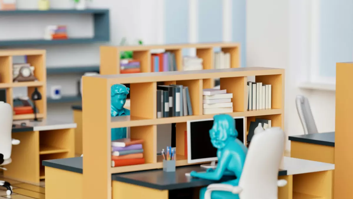 A 3D model of a woman working on a computer in an office