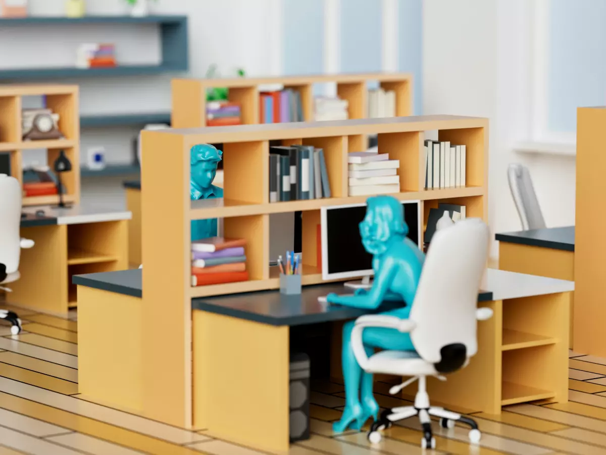 A 3D model of a woman working on a computer in an office