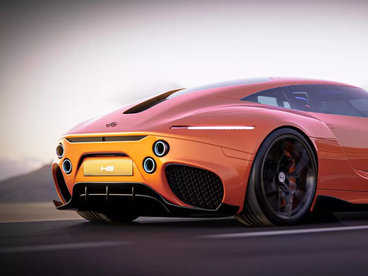 A futuristic looking orange sports car drives along a road.