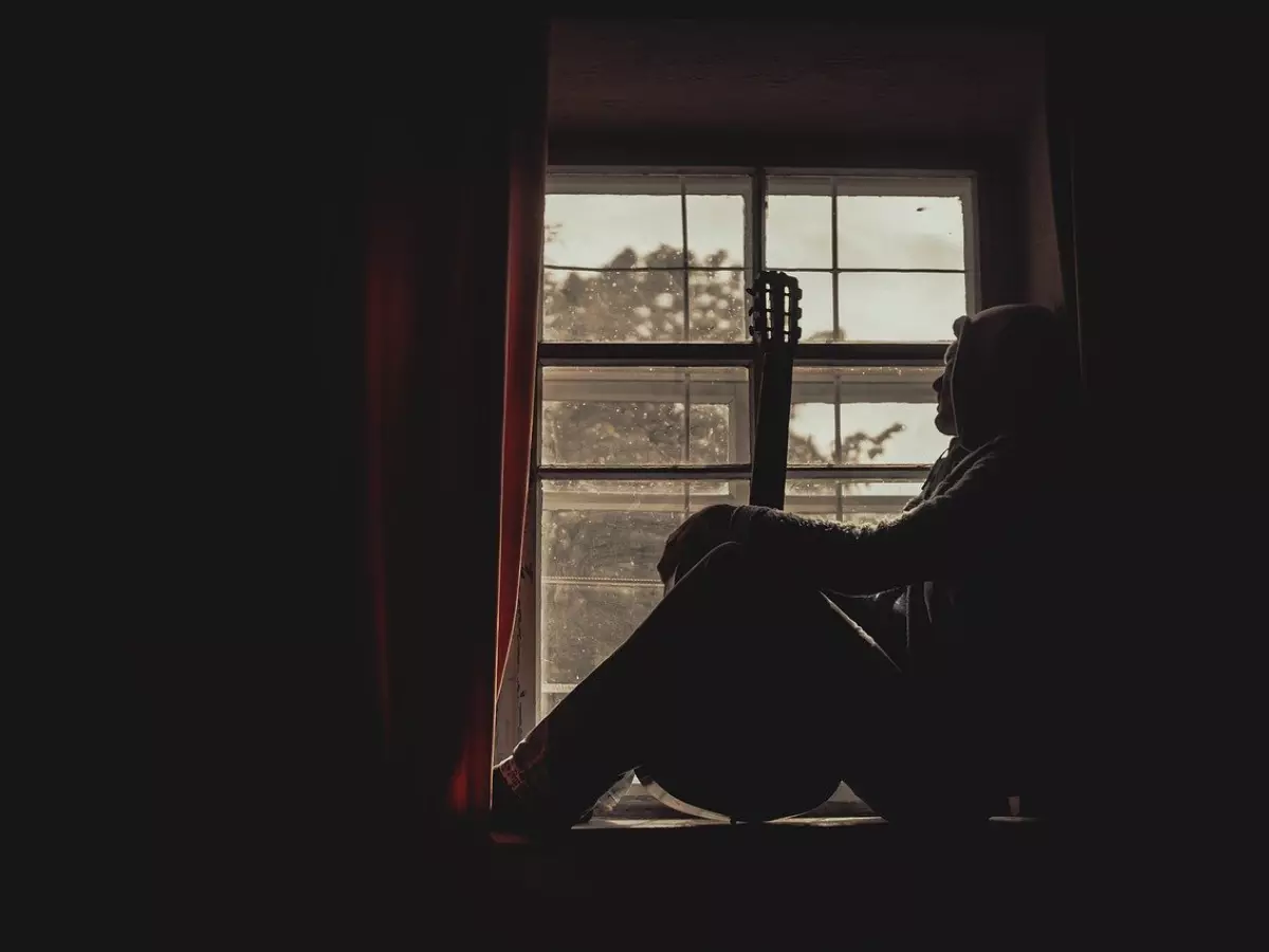 A silhouette of a person sitting by a window with a guitar, looking out at the view.