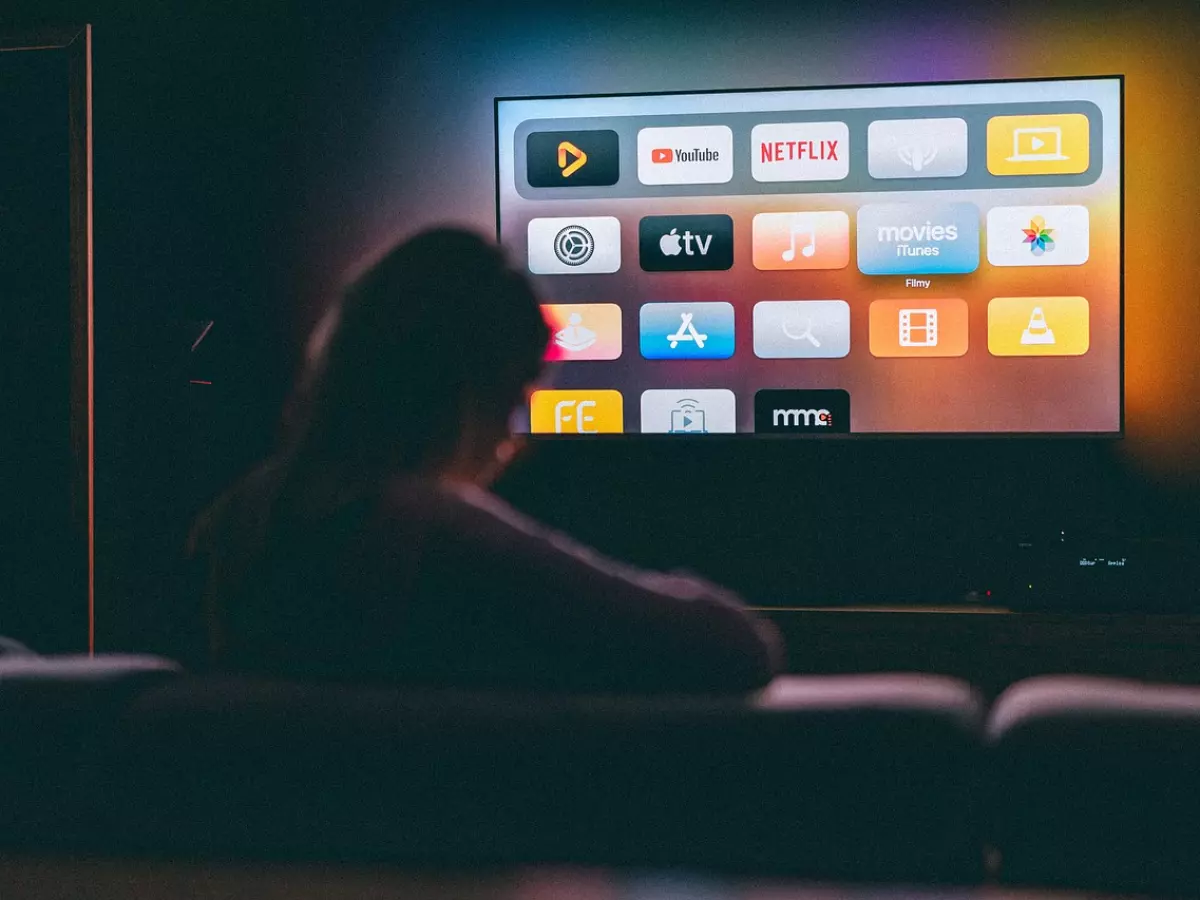 A person is watching television with a silhouette, Netflix logo is on screen.