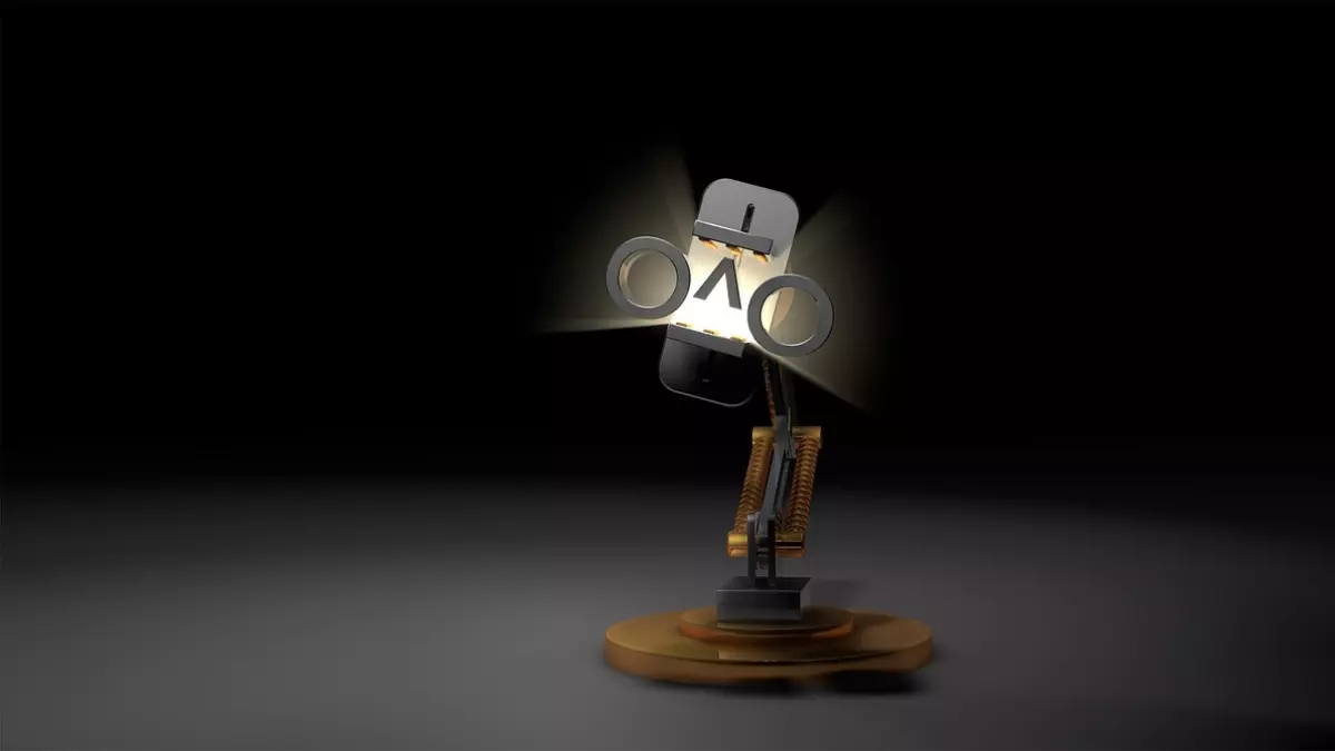 A robot arm with a light bulb on the end is standing on a dark background.