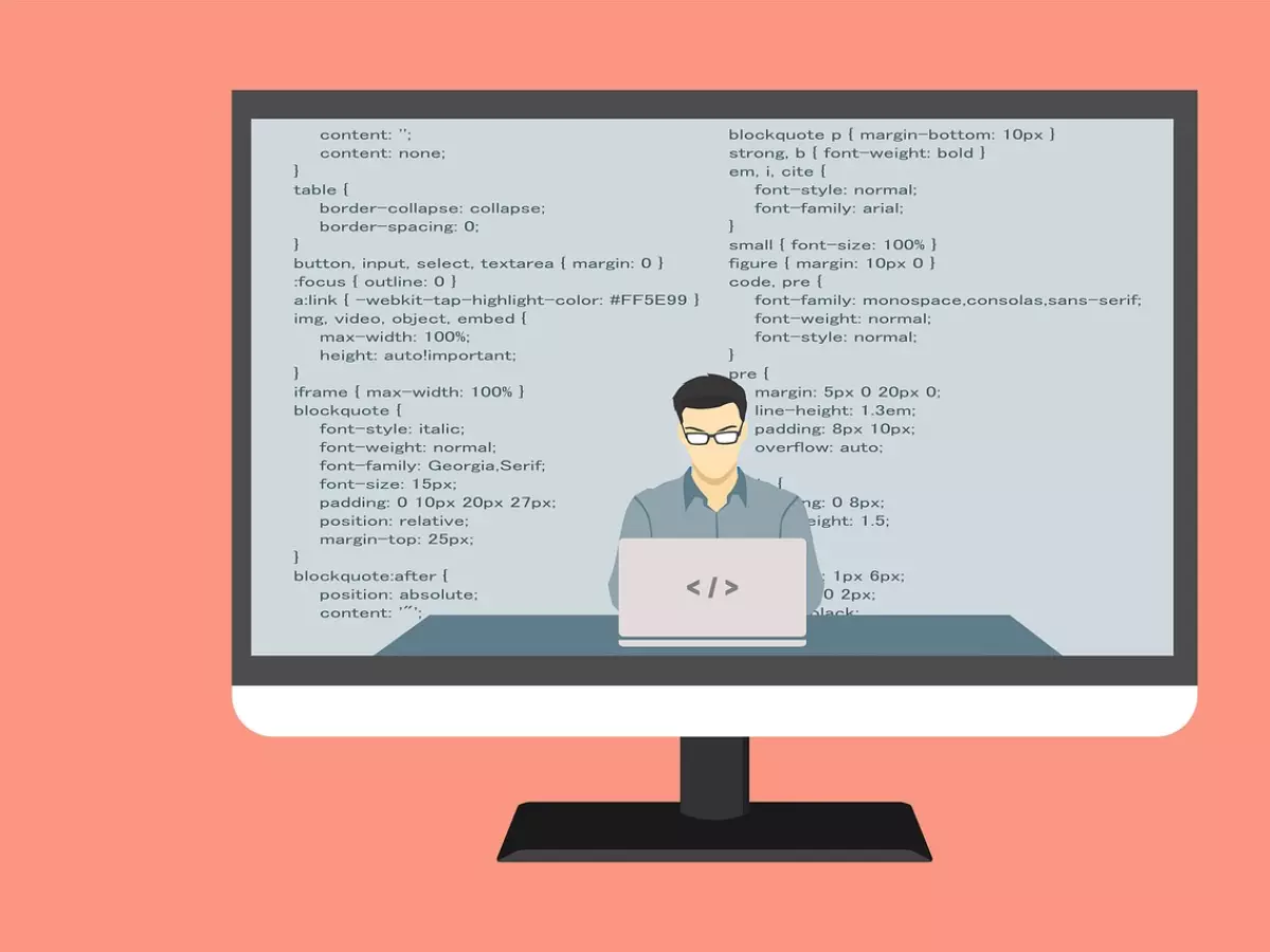 A person sitting at a computer, looking at a code on the screen, with a typical programmer hairstyle. The monitor is on a light pink background.