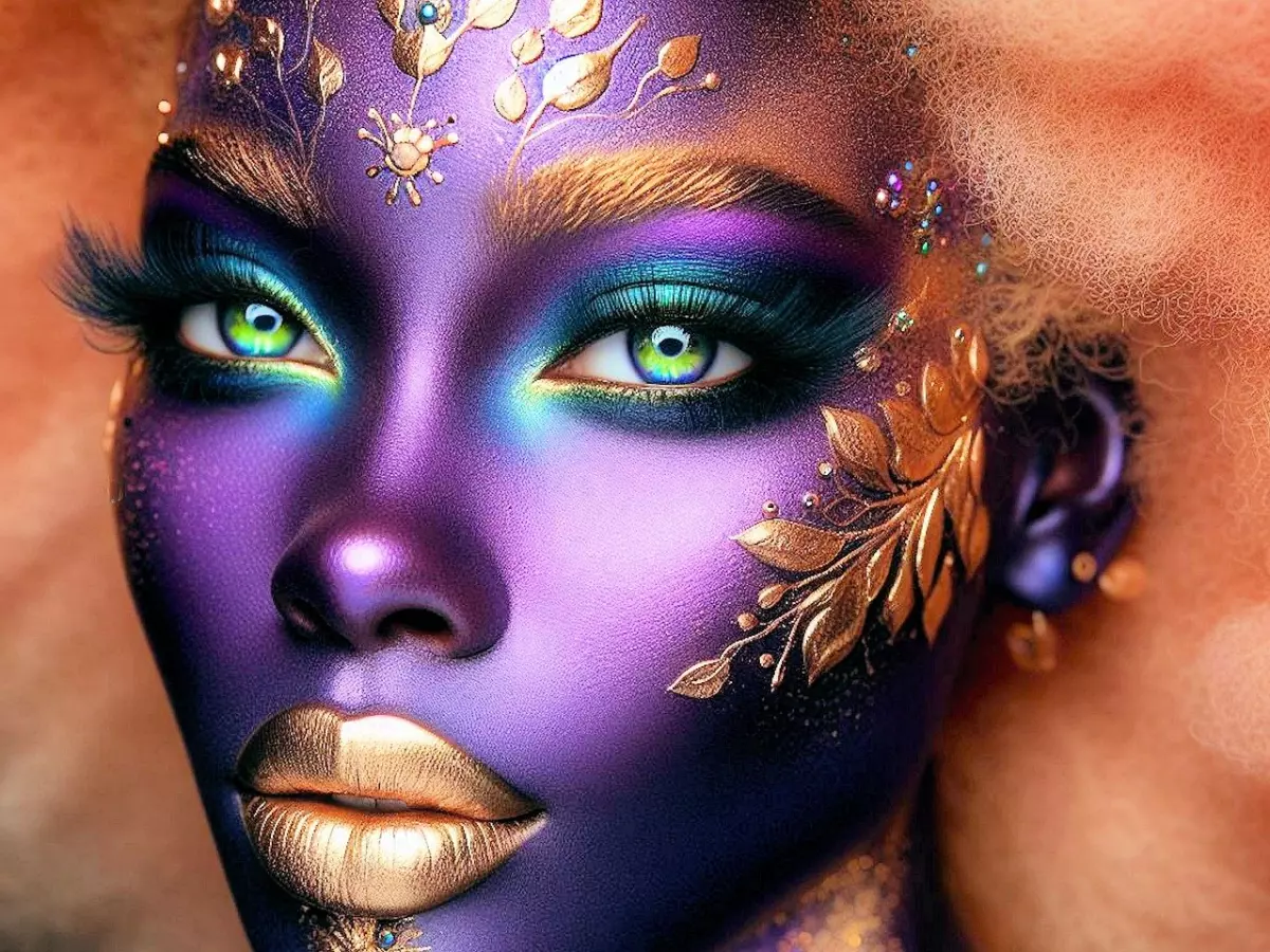 A woman's face is close up. The woman has her eyes wide open and is looking at the camera. Her skin is painted purple and gold, and she is wearing gold leaf on her eyelids.