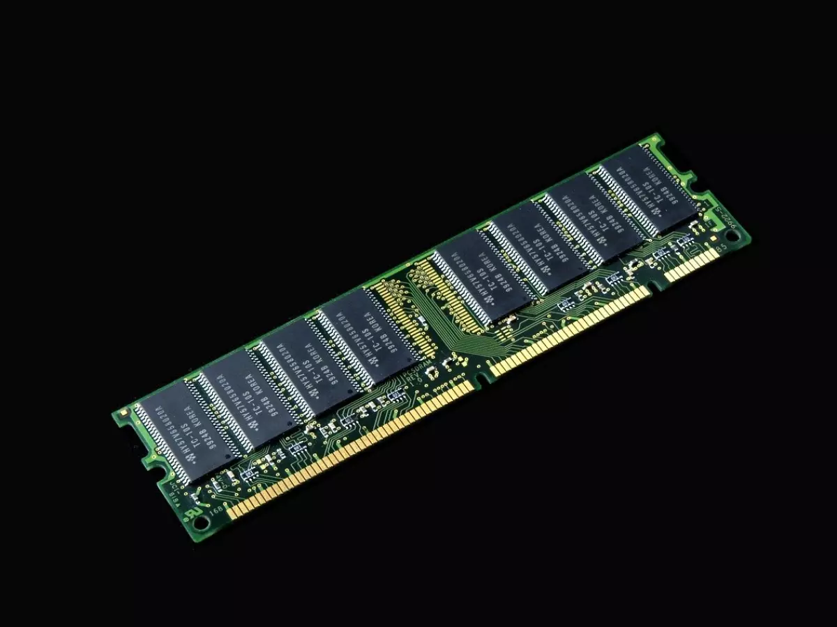 A close-up shot of a RAM stick, a component used in computers for temporary data storage.