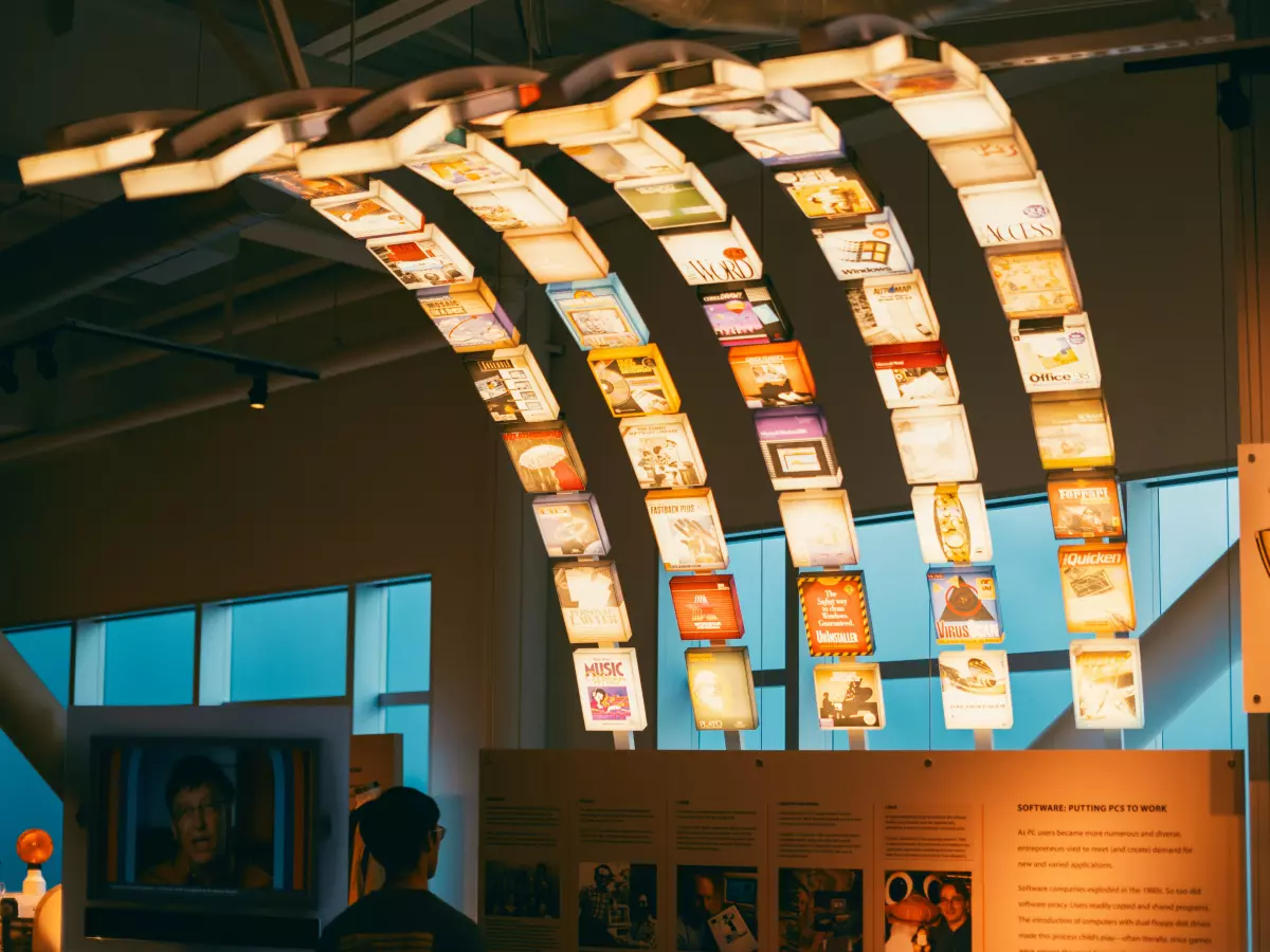 A display of product designs with colorful and futuristic designs in a museum