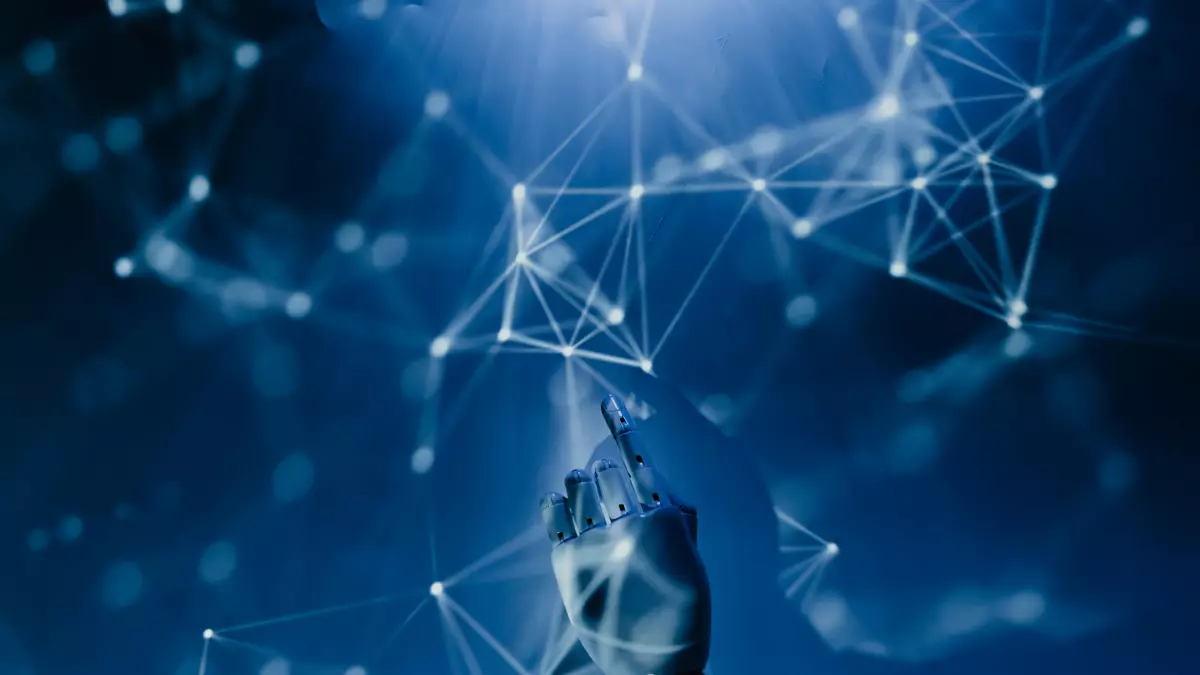 A close-up of a hand reaching up towards a network of glowing lines and dots against a dark blue background.