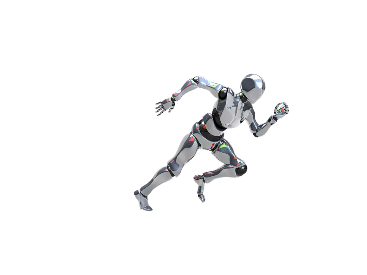 A silver humanoid robot is running.