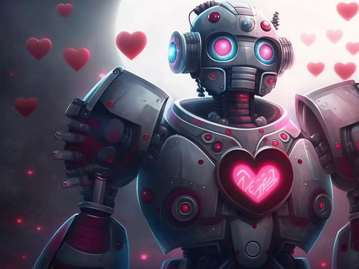 A metallic robot with a large pink heart on its chest, glowing with a pink light, is standing in front of a dark background. It has a round head with red eyes and a mouth, and is surrounded by floating pink hearts.