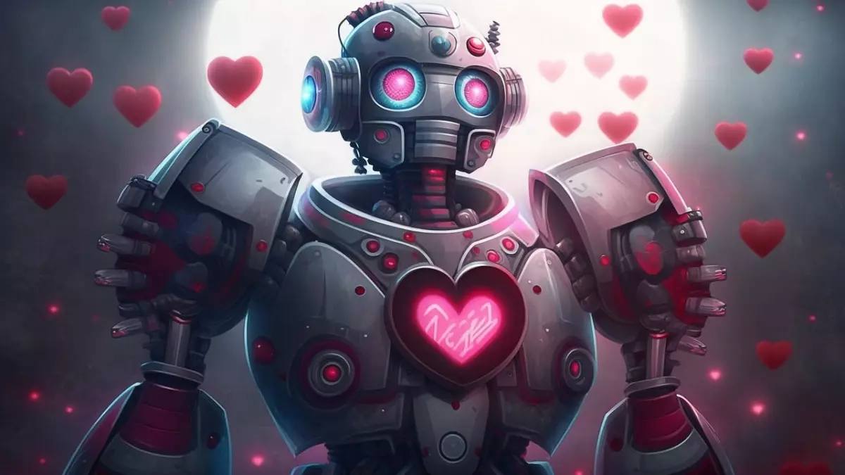 A metallic robot with a large pink heart on its chest, glowing with a pink light, is standing in front of a dark background. It has a round head with red eyes and a mouth, and is surrounded by floating pink hearts.