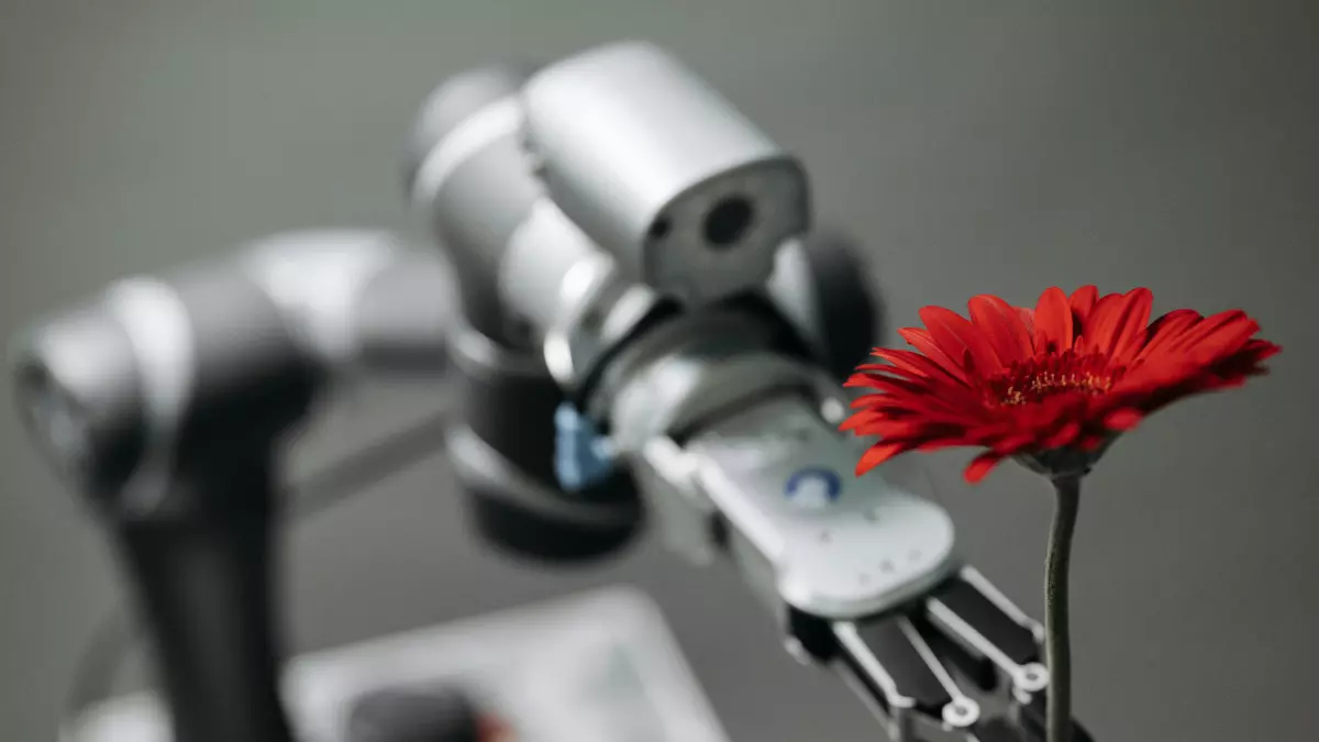 A robotic arm with a camera sensor delicately picking up a red flower.