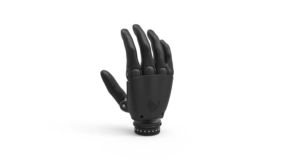 A black robotic hand with visible mechanical parts