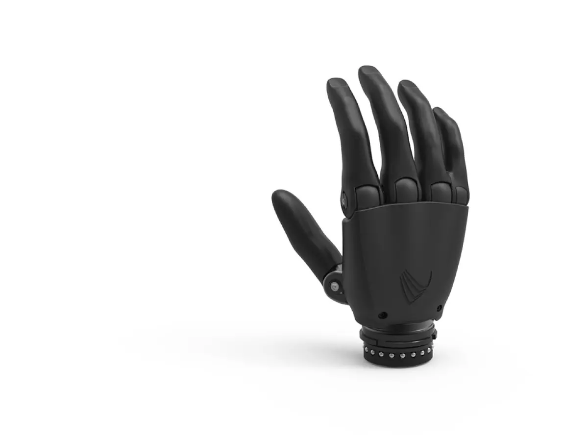 A black robotic hand with visible mechanical parts