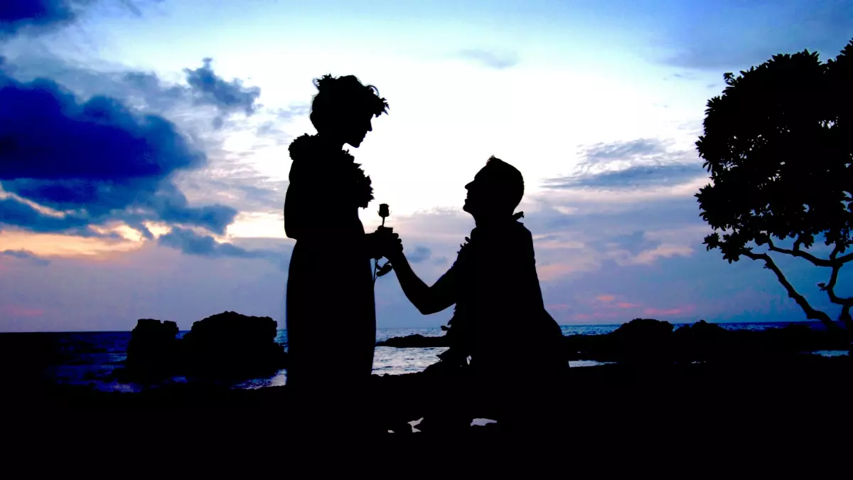 Silhouette of a man proposing to a woman at sunset.