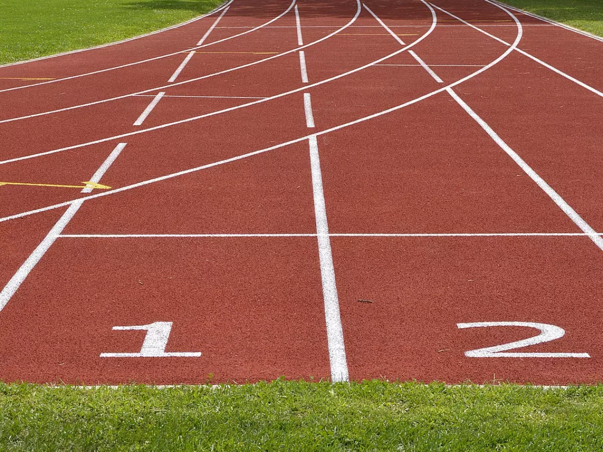 A close up of a running track with numbers 1 and 2 visible.