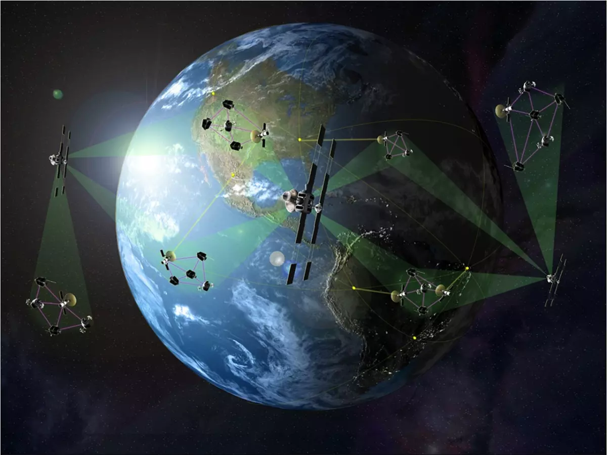 A network of satellites orbiting a blue Earth. The satellites are connected by green lines and are sending and receiving signals. The image is set against a black background.