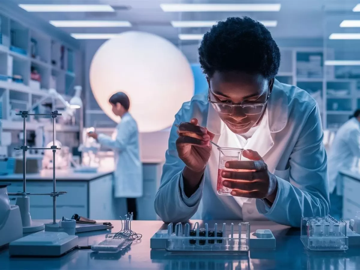 A scientist wearing a lab coat and glasses examines a liquid in a beaker. There are multiple beakers and test tubes on the table.