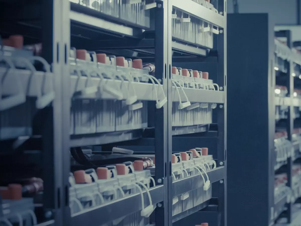 A long shot of a data center aisle, with rows of servers and equipment, capturing the scale of data processing and its energy demands.