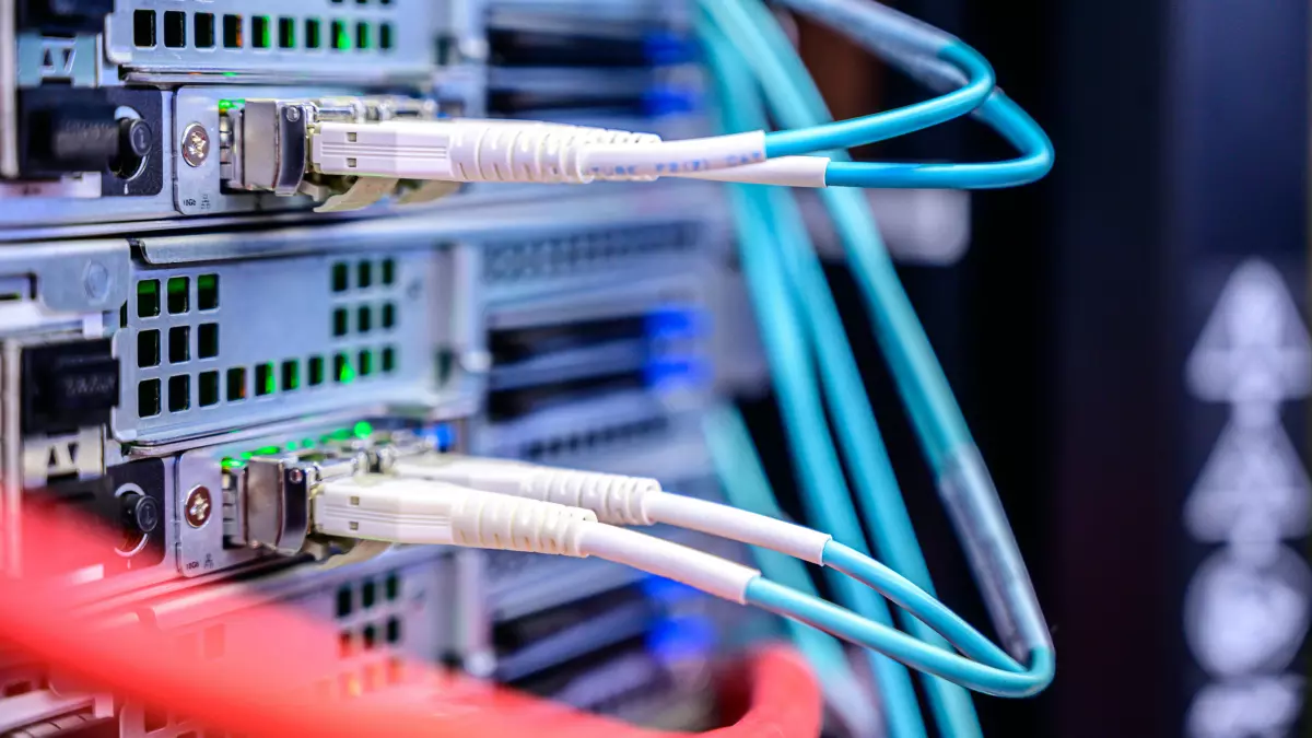 Fiber optic cables connected to servers.