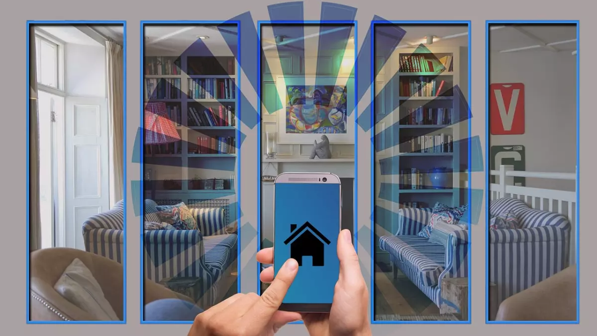 A person is holding a smartphone in front of a montage of four different rooms. The smartphone screen shows a house icon, suggesting that the person is controlling the smart home devices.