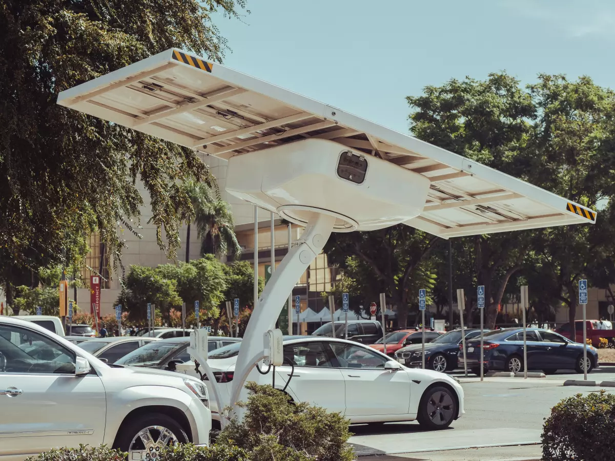 A row of electric cars charging at a Tesla Supercharger station