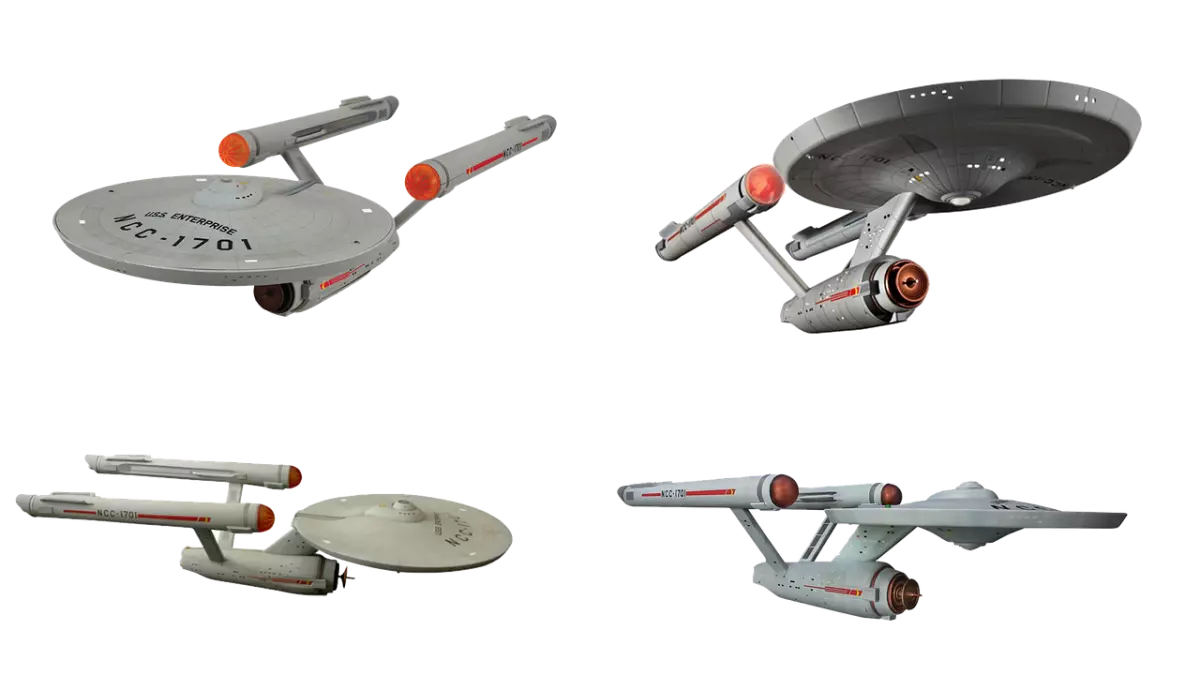 A collage of four images showing the USS Enterprise from different angles.